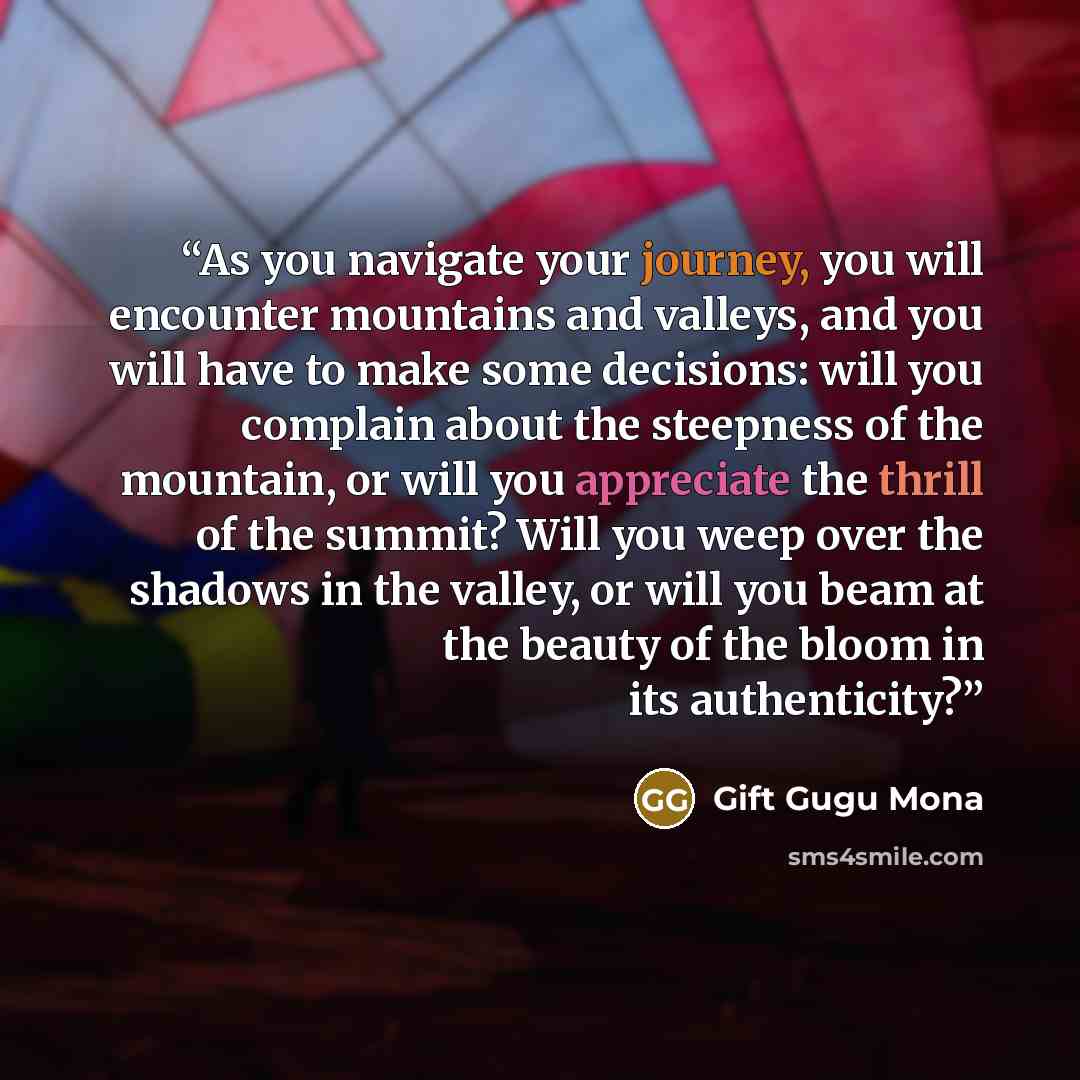 “As you navigate your journey, you will encounter mountains and valleys, and you will have to make some decisions: will you complain about the steepness of the mountain, or will you appreciate the thrill of the summit? Will you weep over the shadows in the valley, or will you beam at the beauty of…” quote by Gift Gugu Mona