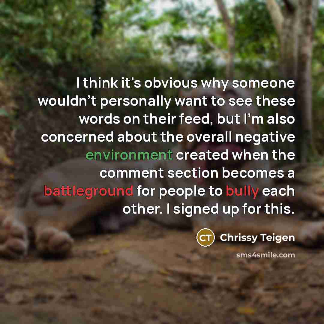 “I think it's obvious why someone wouldn't personally want to see these words on their feed, but I'm also concerned about the overall negative environment created when the comment section becomes a battleground for people to bully each other. I signed up for this.” quote by Chrissy Teigen