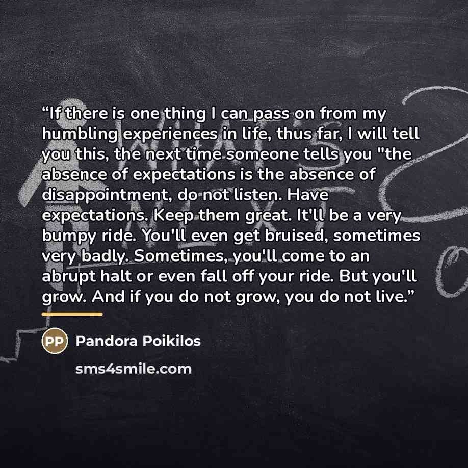 “If there is one thing I can pass on from my humbling experiences in life, thus far, I will tell you this, the next time someone tells you "the absence of expectations is the absence of disappointment, do not listen. Have expectations. Keep them great. It'll be a very bumpy ride. You'll even get…” quote by Pandora Poikilos