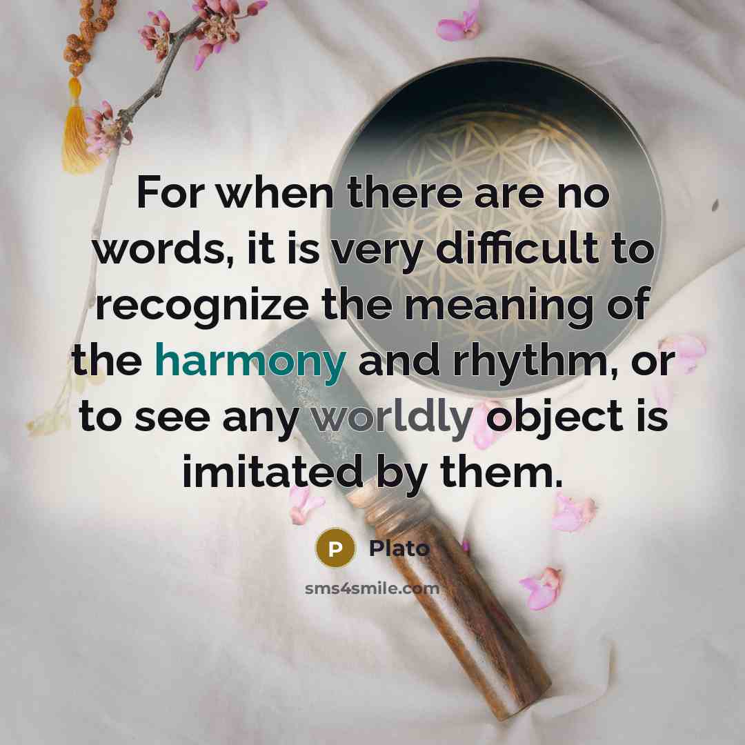 “For when there are no words, it is very difficult to recognize the meaning of the harmony and rhythm, or to see any worldly object is imitated by them.” quote by Plato