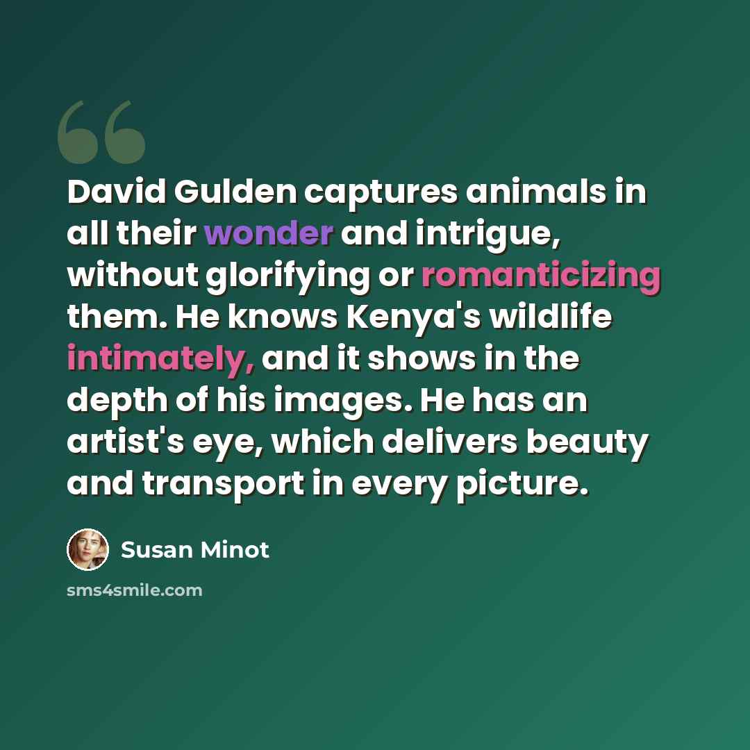 “David Gulden captures animals in all their wonder and intrigue, without glorifying or romanticizing them. He knows Kenya's wildlife intimately, and it shows in the depth of his images. He has an artist's eye, which delivers beauty and transport in every picture.” quote by Susan Minot