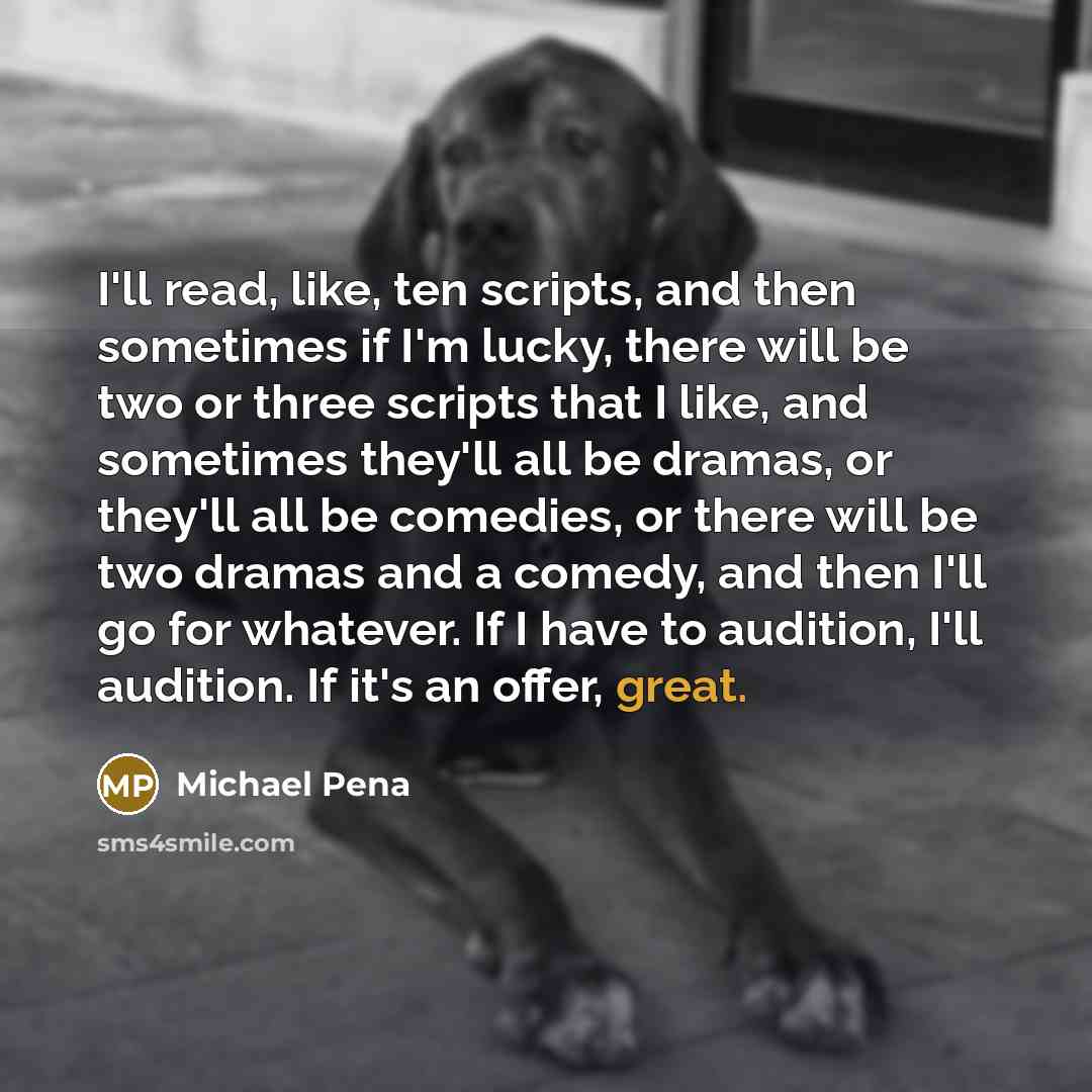 “I'll read, like, ten scripts, and then sometimes if I'm lucky, there will be two or three scripts that I like, and sometimes they'll all be dramas, or they'll all be comedies, or there will be two dramas and a comedy, and then I'll go for whatever. If I have to audition, I'll audition. If it's an…” quote by Michael Pena