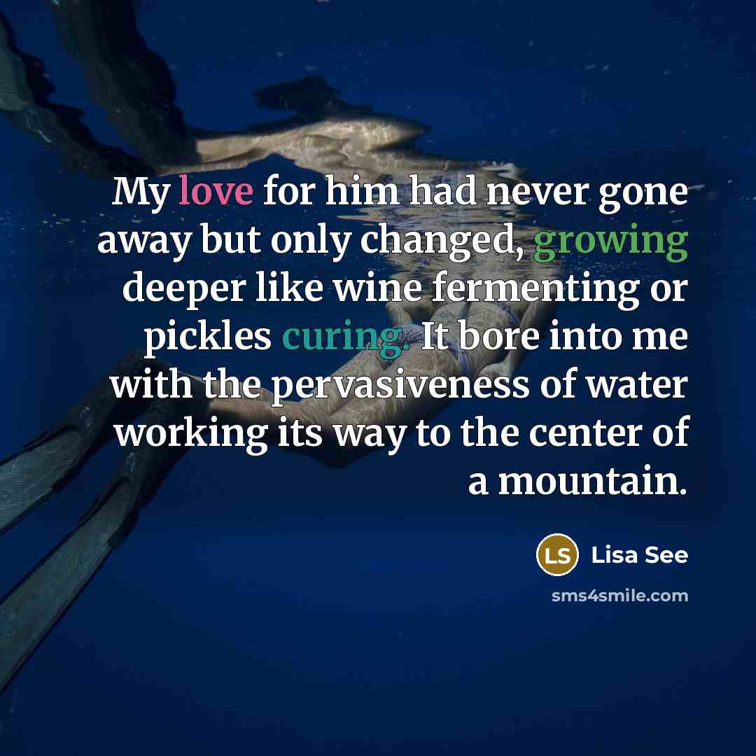 “My love for him had never gone away but only changed, growing deeper like wine fermenting or pickles curing. It bore into me with the pervasiveness of water working its way to the center of a mountain.” quote by Lisa See