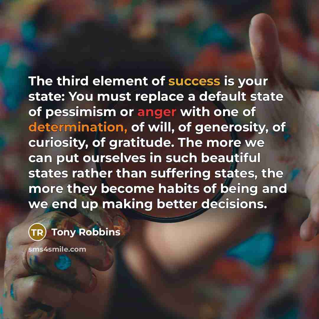 “The third element of success is your state: You must replace a default state of pessimism or anger with one of determination, of will, of generosity, of curiosity, of gratitude. The more we can put ourselves in such beautiful states rather than suffering states, the more they become habits of…” quote by Tony Robbins