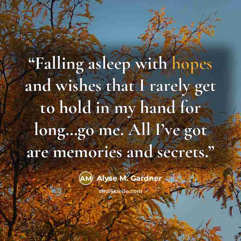 “Falling asleep with hopes and wishes that I rarely get to hold in my hand for long…go me. All I’ve got are memories and secrets.” quote by Alyse M. Gardner