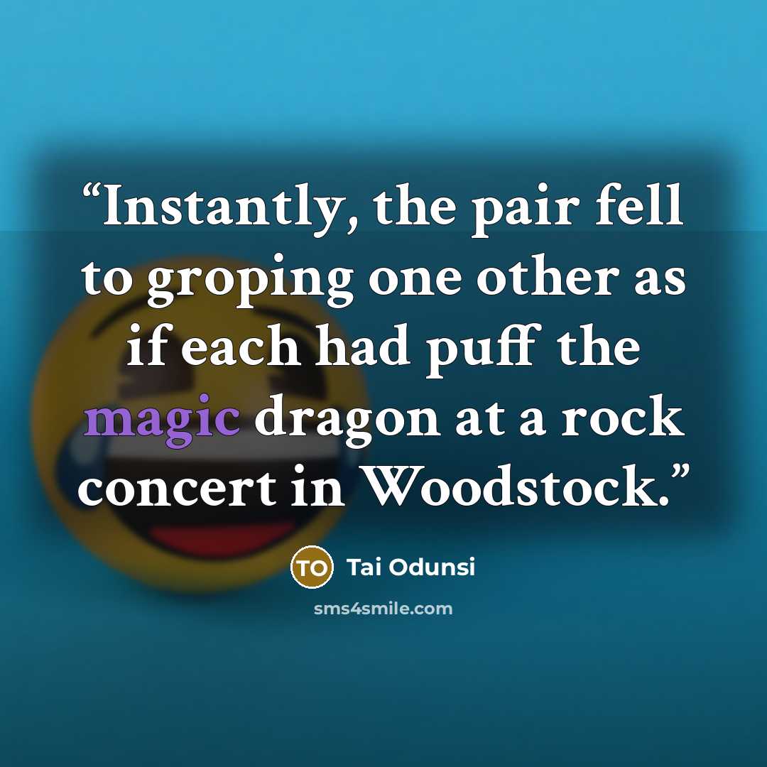“Instantly, the pair fell to groping one other as if each had puff the magic dragon at a rock concert in Woodstock.” quote by Tai Odunsi