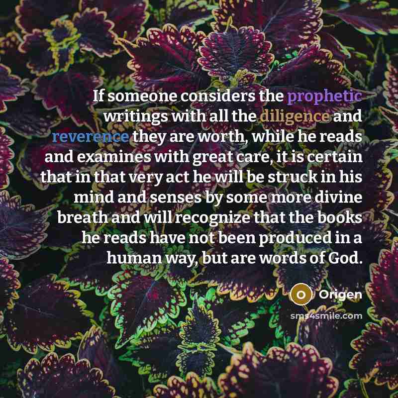 “If someone considers the prophetic writings with all the diligence and reverence they are worth, while he reads and examines with great care, it is certain that in that very act he will be struck in his mind and senses by some more divine breath and will recognize that the books he reads have not…” quote by Origen