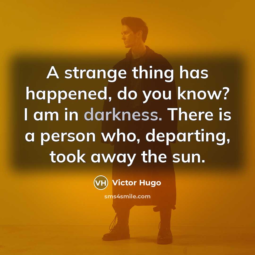 “A strange thing has happened, do you know? I am in darkness. There is a person who, departing, took away the sun.” quote by Victor Hugo