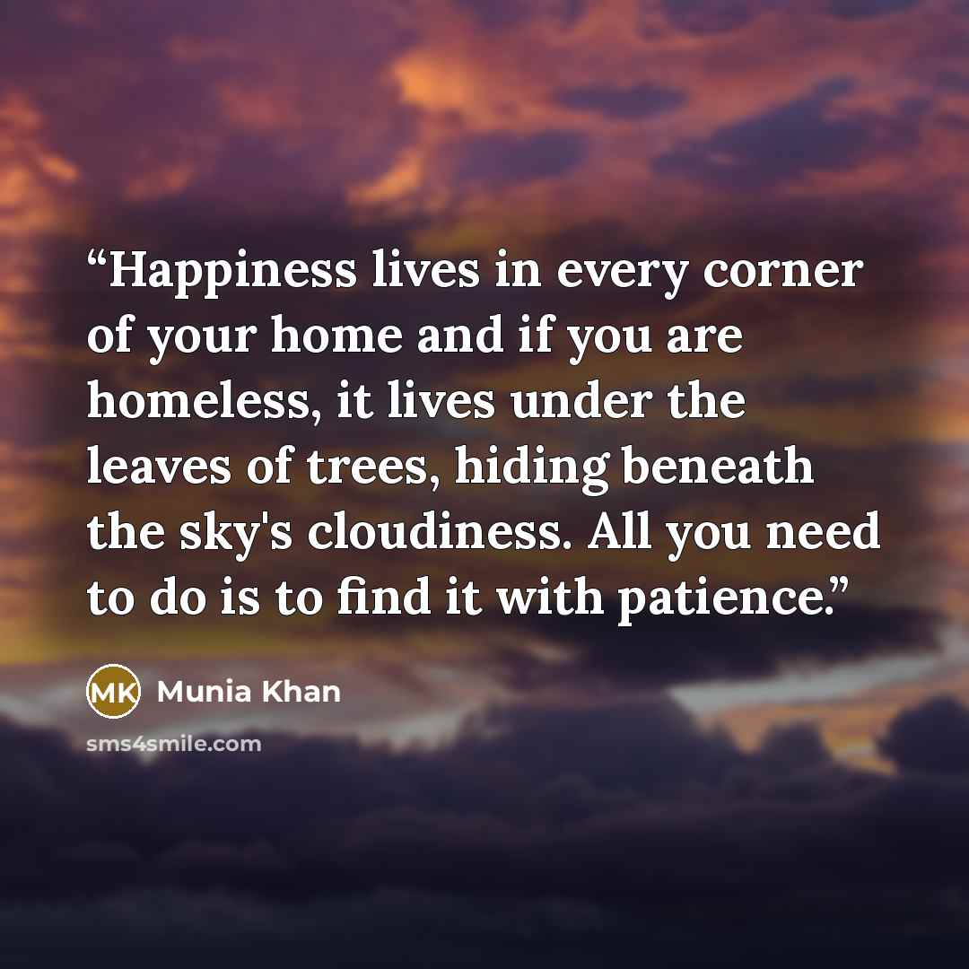 “Happiness lives in every corner of your home and if you are homeless, it lives under the leaves of trees, hiding beneath the sky's cloudiness. All you need to do is to find it with patience.” quote by Munia Khan