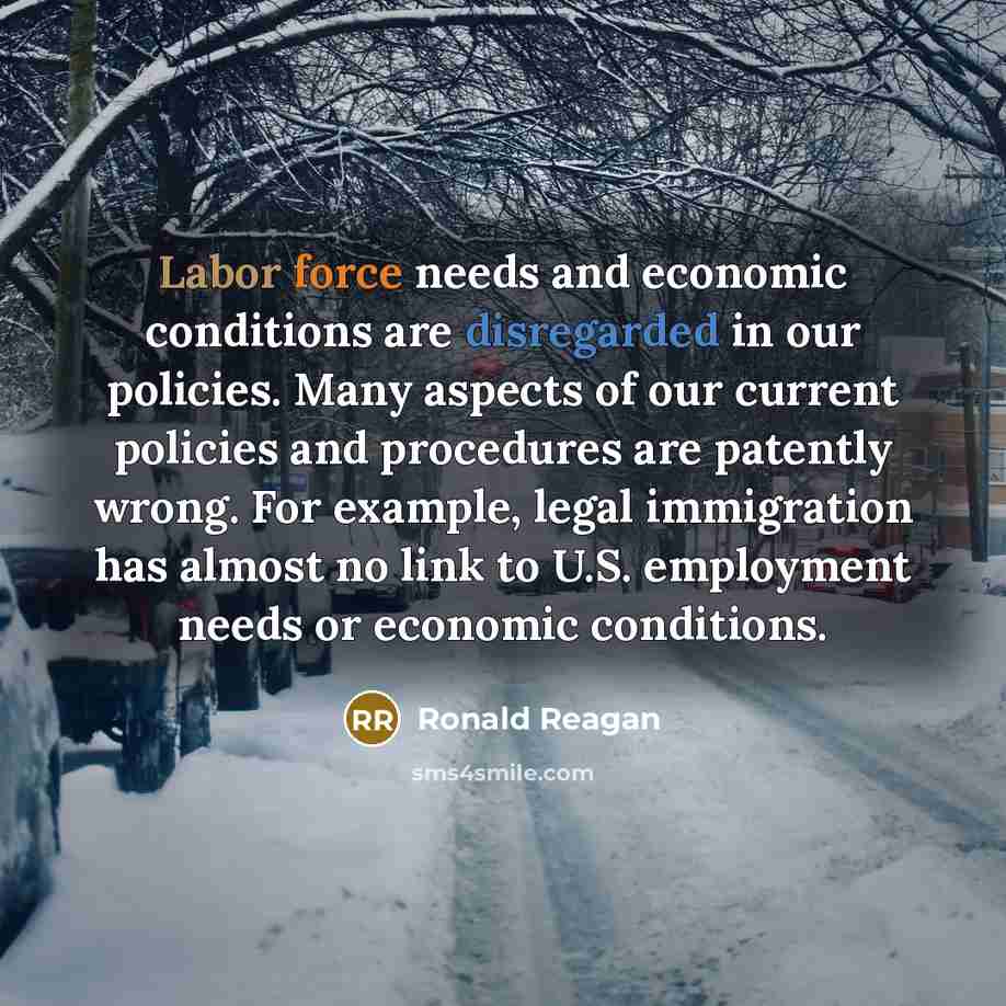 “Labor force needs and economic conditions are disregarded in our policies. Many aspects of our current policies and procedures are patently wrong. For example, legal immigration has almost no link to U.S. employment needs or economic conditions.” quote by Ronald Reagan