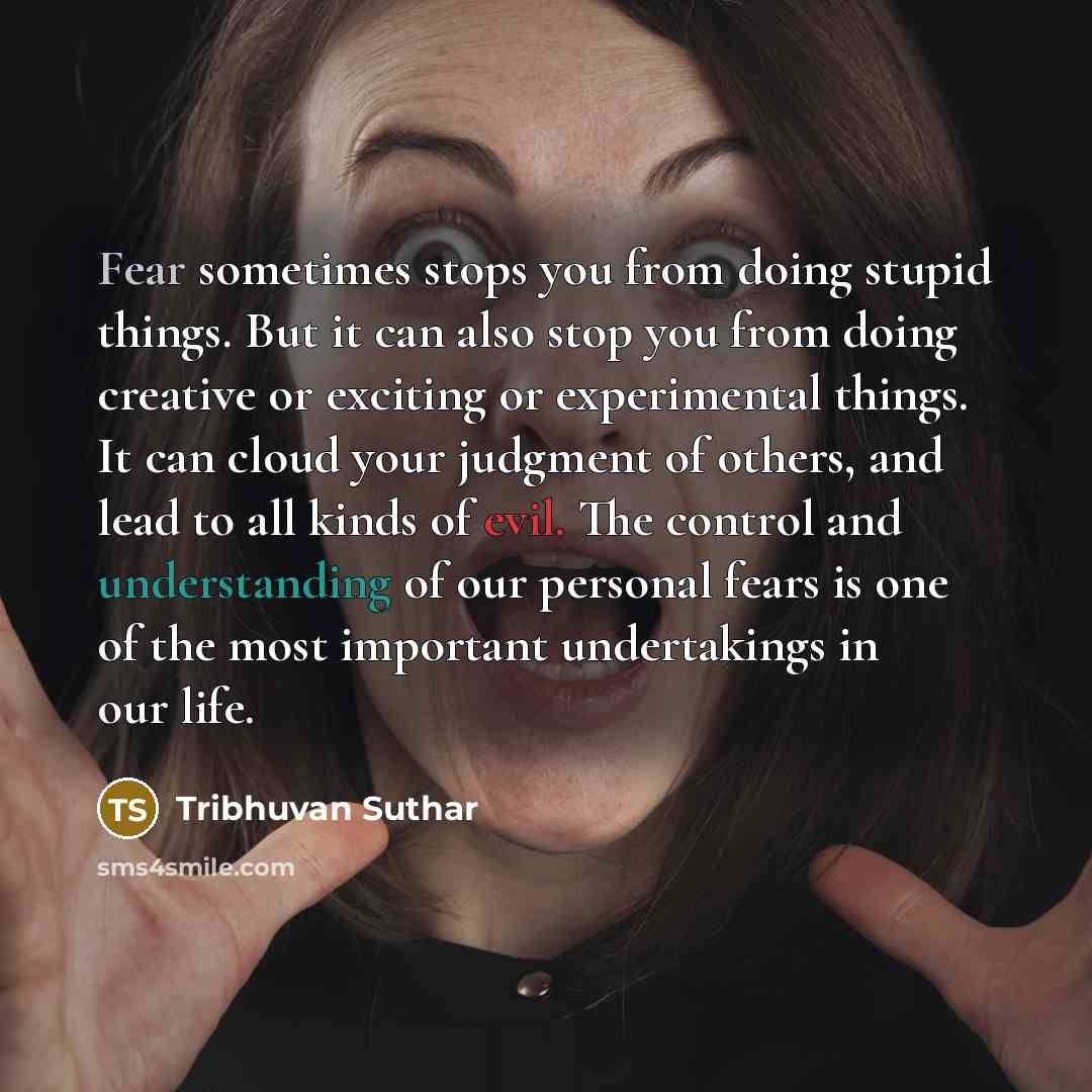 “Fear sometimes stops you from doing stupid things. But it can also stop you from doing creative or exciting or experimental things. It can cloud your judgment of others, and lead to all kinds of evil. The control and understanding of our personal fears is one of the most important undertakings in…” quote by Tribhuvan Suthar