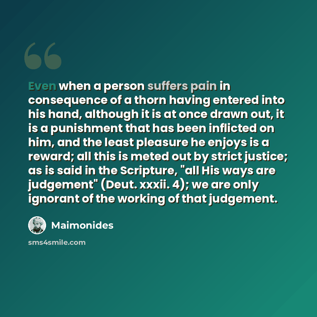 “Even when a person suffers pain in consequence of a thorn having entered into his hand, although it is at once drawn out, it is a punishment that has been inflicted on him, and the least pleasure he enjoys is a reward; all this is meted out by strict justice; as is said in the Scripture, "all His…” quote by Maimonides