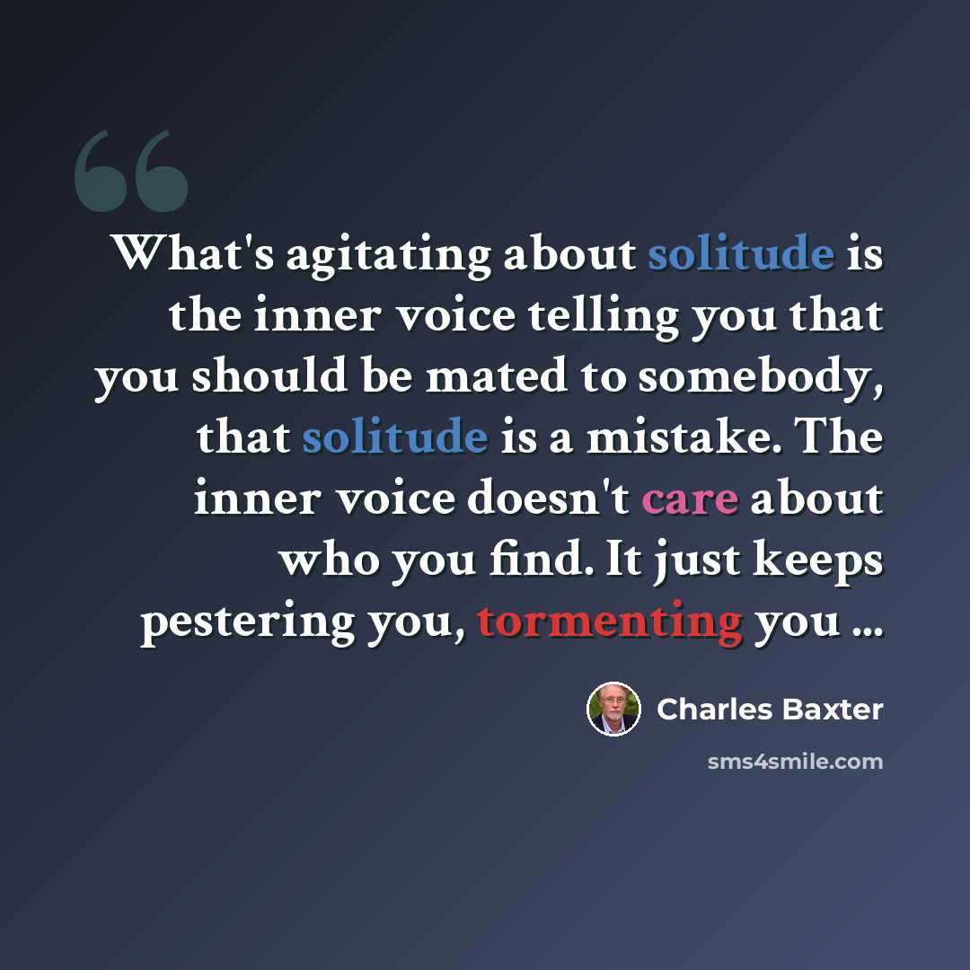 “What's agitating about solitude is the inner voice telling you that you should be mated to somebody, that solitude is a mistake. The inner voice doesn't care about who you find. It just keeps pestering you, tormenting you ...” quote by Charles Baxter