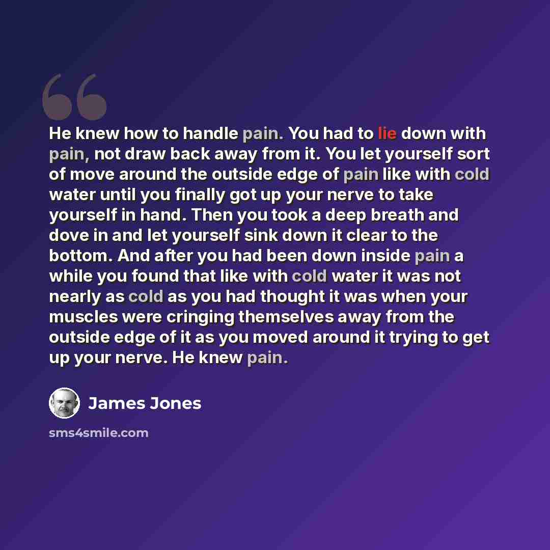 “He knew how to handle pain. You had to lie down with pain, not draw back away from it. You let yourself sort of move around the outside edge of pain like with cold water until you finally got up your nerve to take yourself in hand. Then you took a deep breath and dove in and let yourself sink down…” quote by James Jones