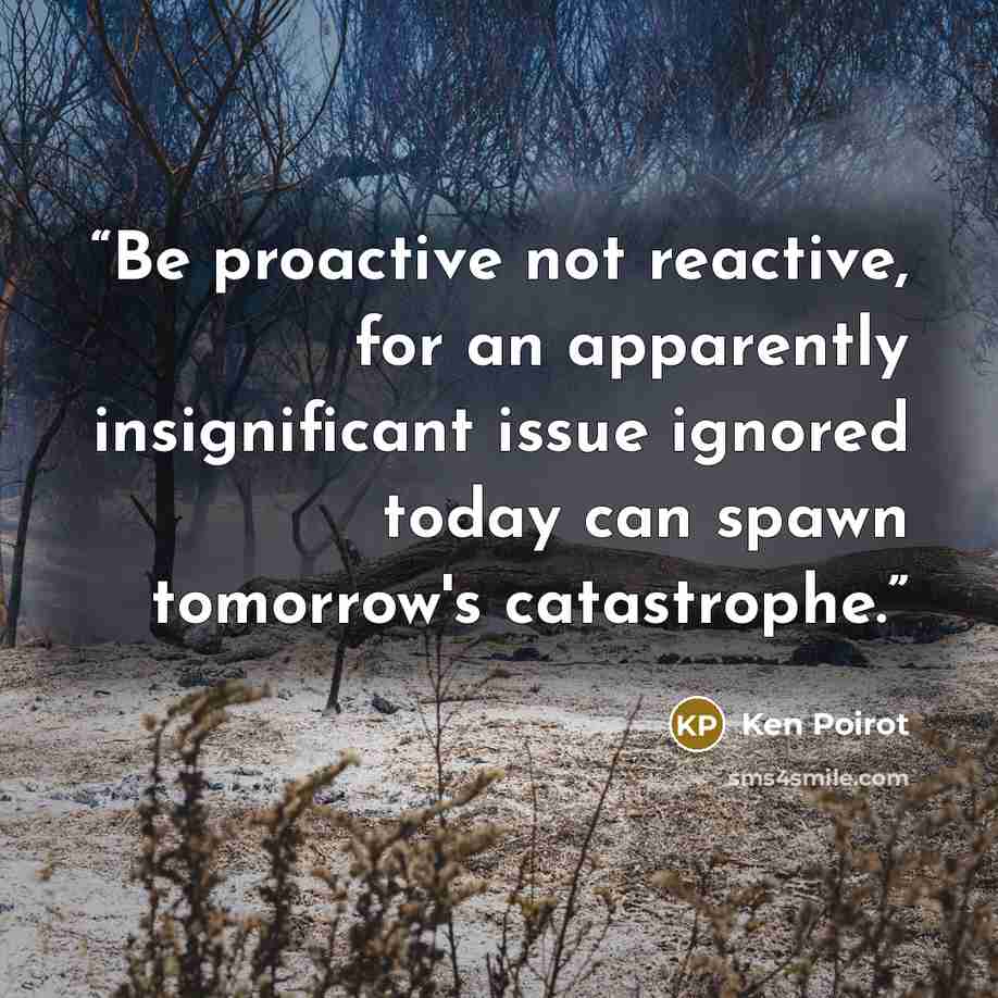 “Be proactive not reactive, for an apparently insignificant issue ignored today can spawn tomorrow's catastrophe.” quote by Ken Poirot