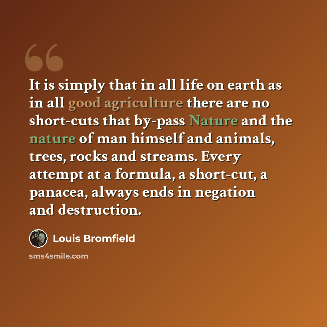 “It is simply that in all life on earth as in all good agriculture there are no short-cuts that by-pass Nature and the nature of man himself and animals, trees, rocks and streams. Every attempt at a formula, a short-cut, a panacea, always ends in negation and destruction.” quote by Louis Bromfield