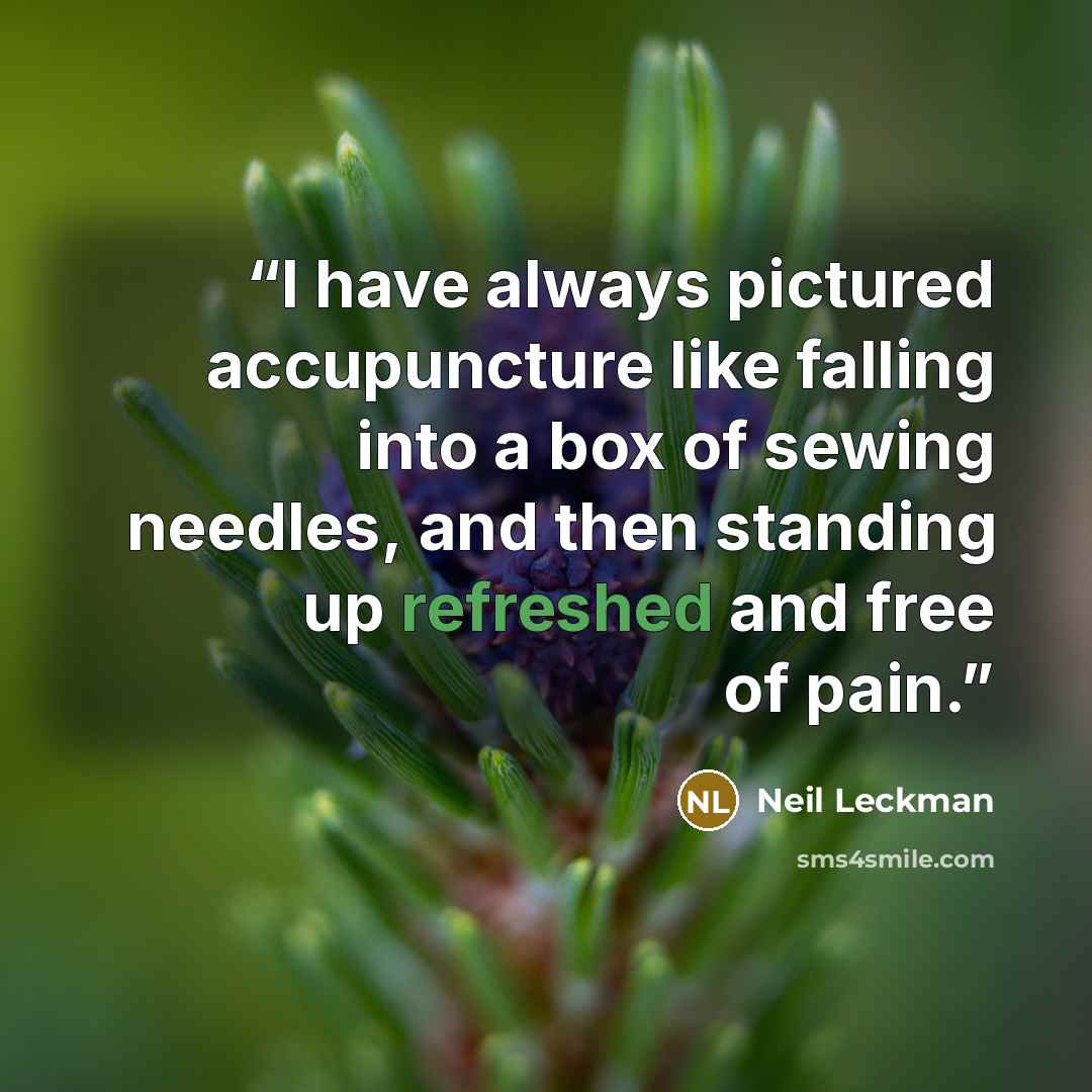 “I have always pictured accupuncture like falling into a box of sewing needles, and then standing up refreshed and free of pain.” quote by Neil Leckman