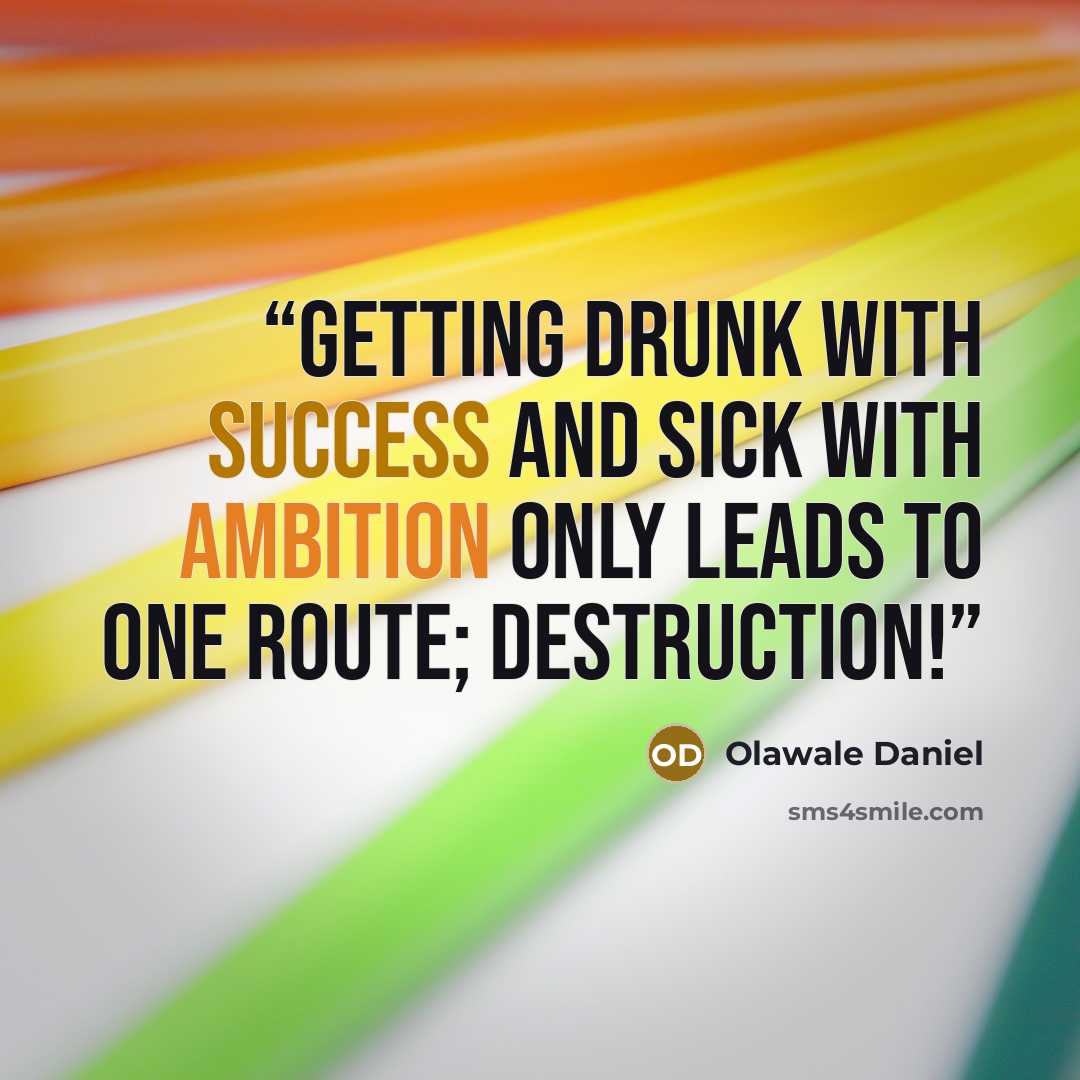 “Getting drunk with success and sick with ambition only leads to one route; destruction!” quote by Olawale Daniel