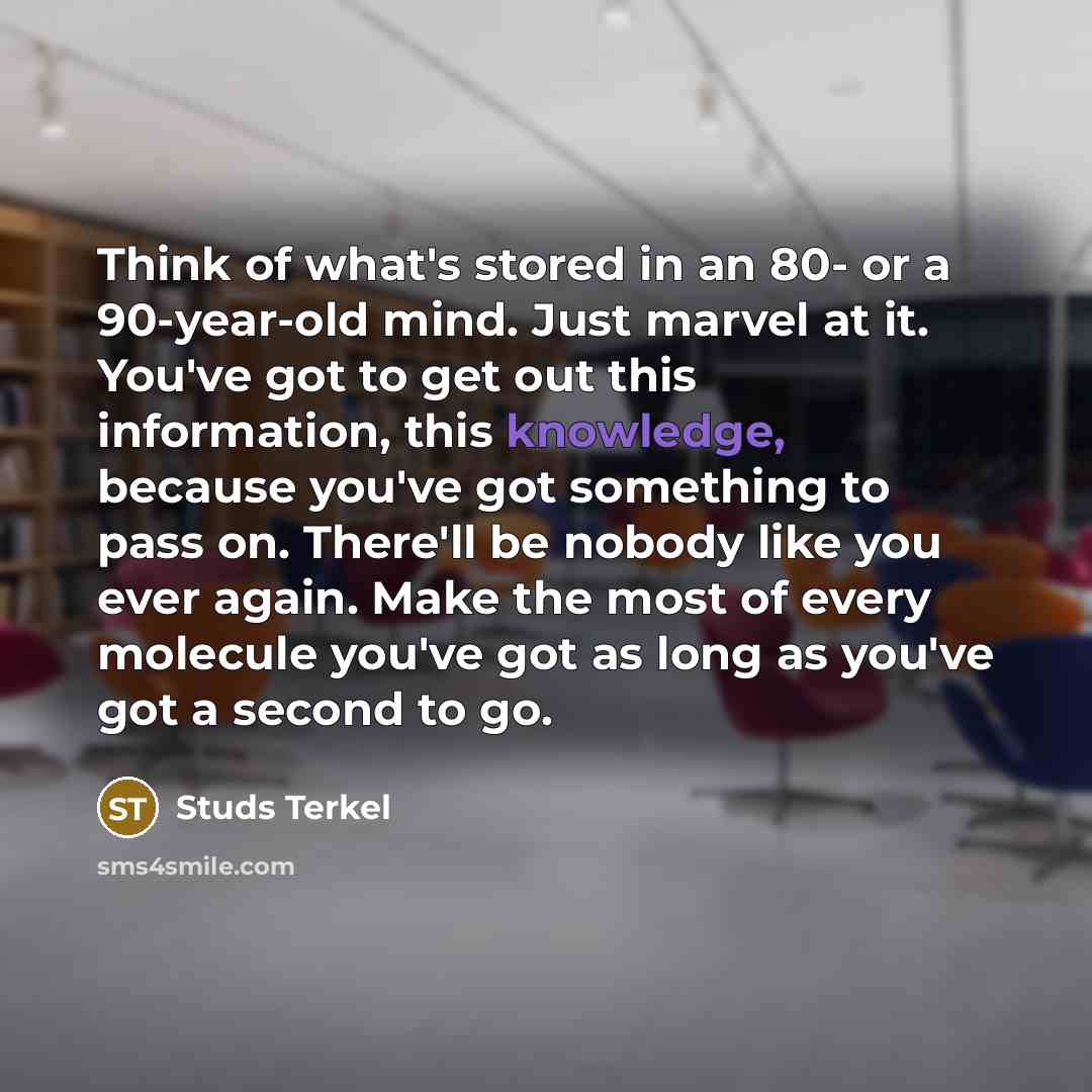 “Think of what's stored in an 80- or a 90-year-old mind. Just marvel at it. You've got to get out this information, this knowledge, because you've got something to pass on. There'll be nobody like you ever again. Make the most of every molecule you've got as long as you've got a second to go.” quote by Studs Terkel