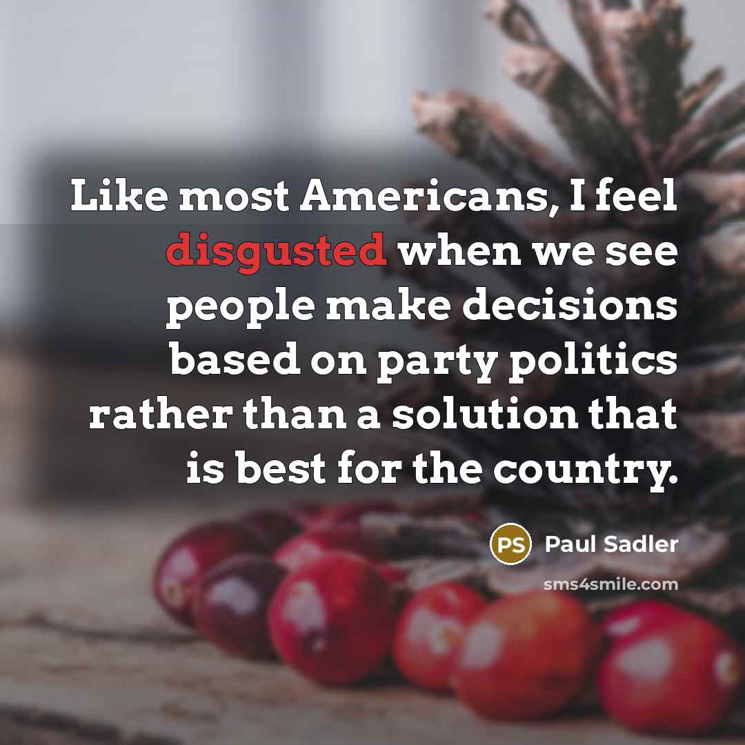 “Like most Americans, I feel disgusted when we see people make decisions based on party politics rather than a solution that is best for the country.” quote by Paul Sadler