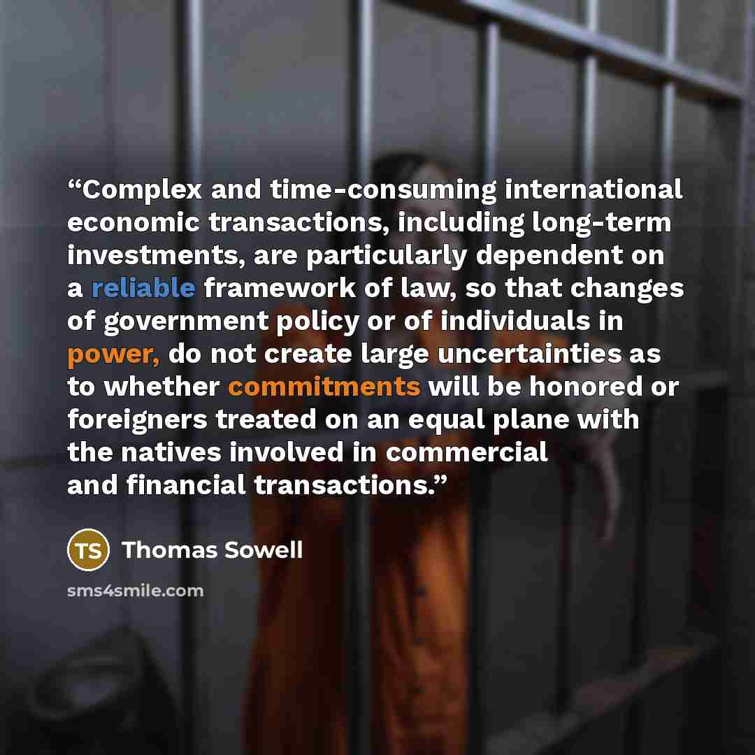 “Complex and time-consuming international economic transactions, including long-term investments, are particularly dependent on a reliable framework of law, so that changes of government policy or of individuals in power, do not create large uncertainties as to whether commitments will be honored…” quote by Thomas Sowell