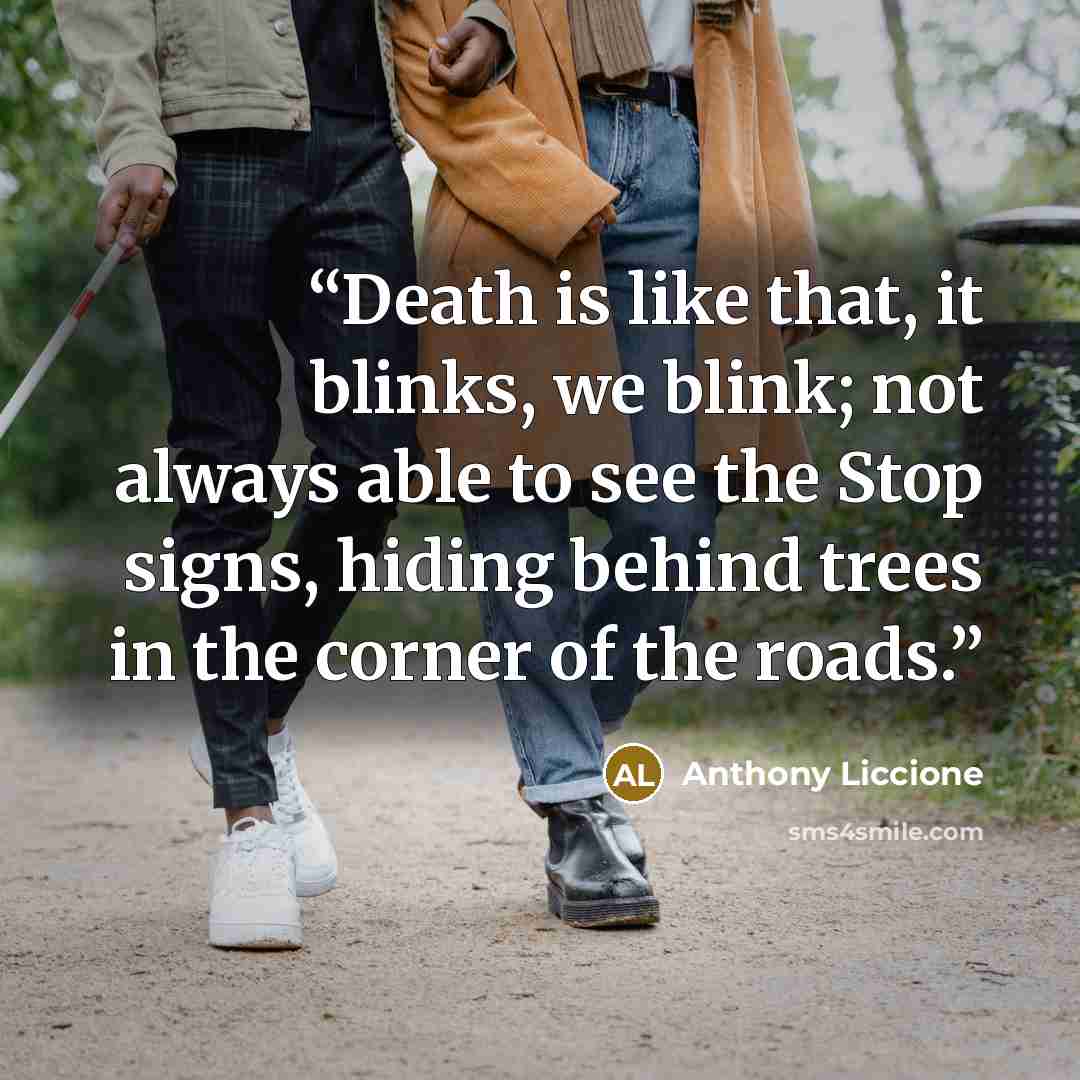 “Death is like that, it blinks, we blink; not always able to see the Stop signs, hiding behind trees in the corner of the roads.” quote by Anthony Liccione