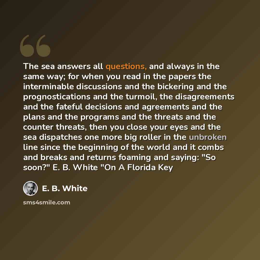 “The sea answers all questions, and always in the same way; for when you read in the papers the interminable discussions and the bickering and the prognostications and the turmoil, the disagreements and the fateful decisions and agreements and the plans and the programs and the threats and the…” quote by E. B. White