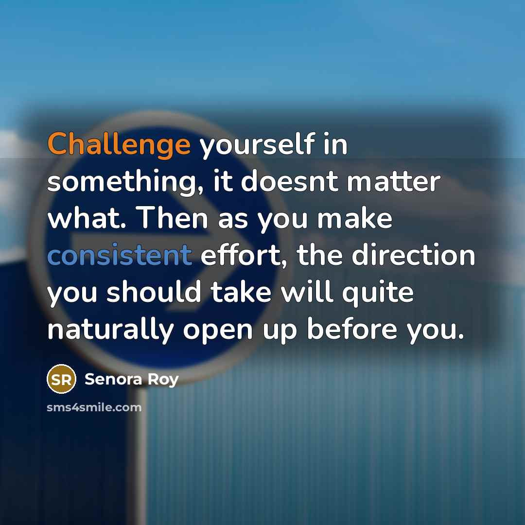 “Challenge yourself in something, it doesnt matter what. Then as you make consistent effort, the direction you should take will quite naturally open up before you.” quote by Senora Roy