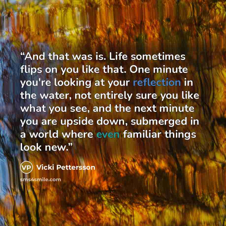 “And that was is. Life sometimes flips on you like that. One minute you're looking at your reflection in the water, not entirely sure you like what you see, and the next minute you are upside down, submerged in a world where even familiar things look new.” quote by Vicki Pettersson