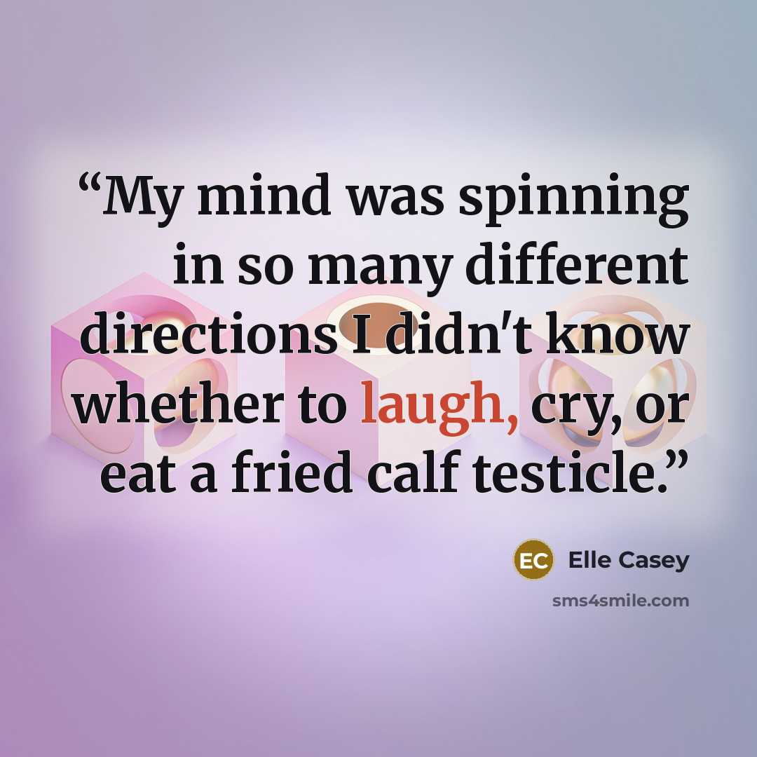 “My mind was spinning in so many different directions I didn't know whether to laugh, cry, or eat a fried calf testicle.” quote by Elle Casey