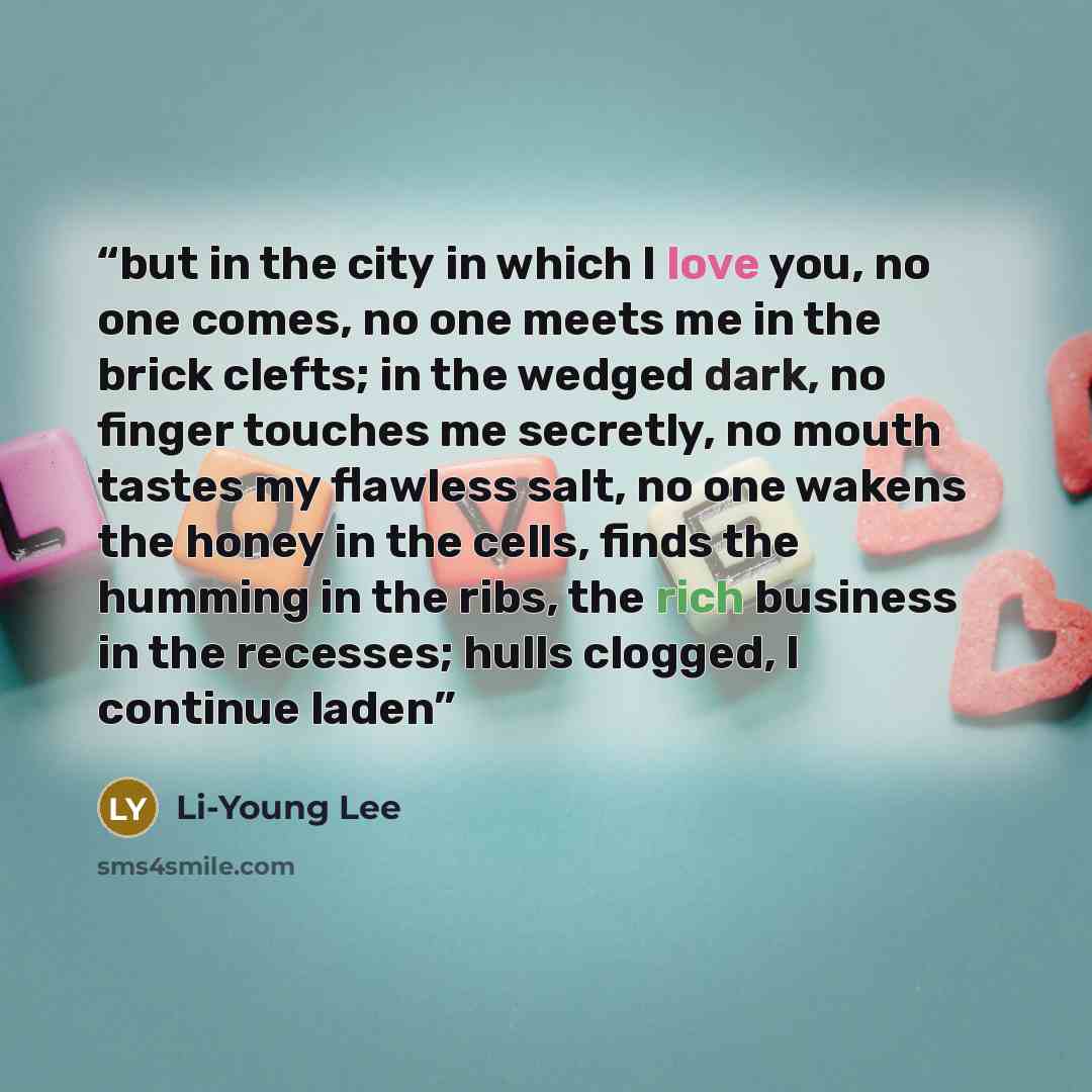 “but in the city in which I love you, no one comes, no one meets me in the brick clefts; in the wedged dark, no finger touches me secretly, no mouth tastes my flawless salt, no one wakens the honey in the cells, finds the humming in the ribs, the rich business in the recesses; hulls clogged, I…” quote by Li-Young Lee