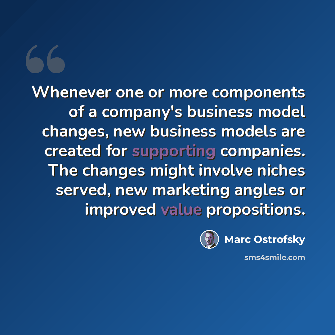 “Whenever one or more components of a company's business model changes, new business models are created for supporting companies. The changes might involve niches served, new marketing angles or improved value propositions.” quote by Marc Ostrofsky