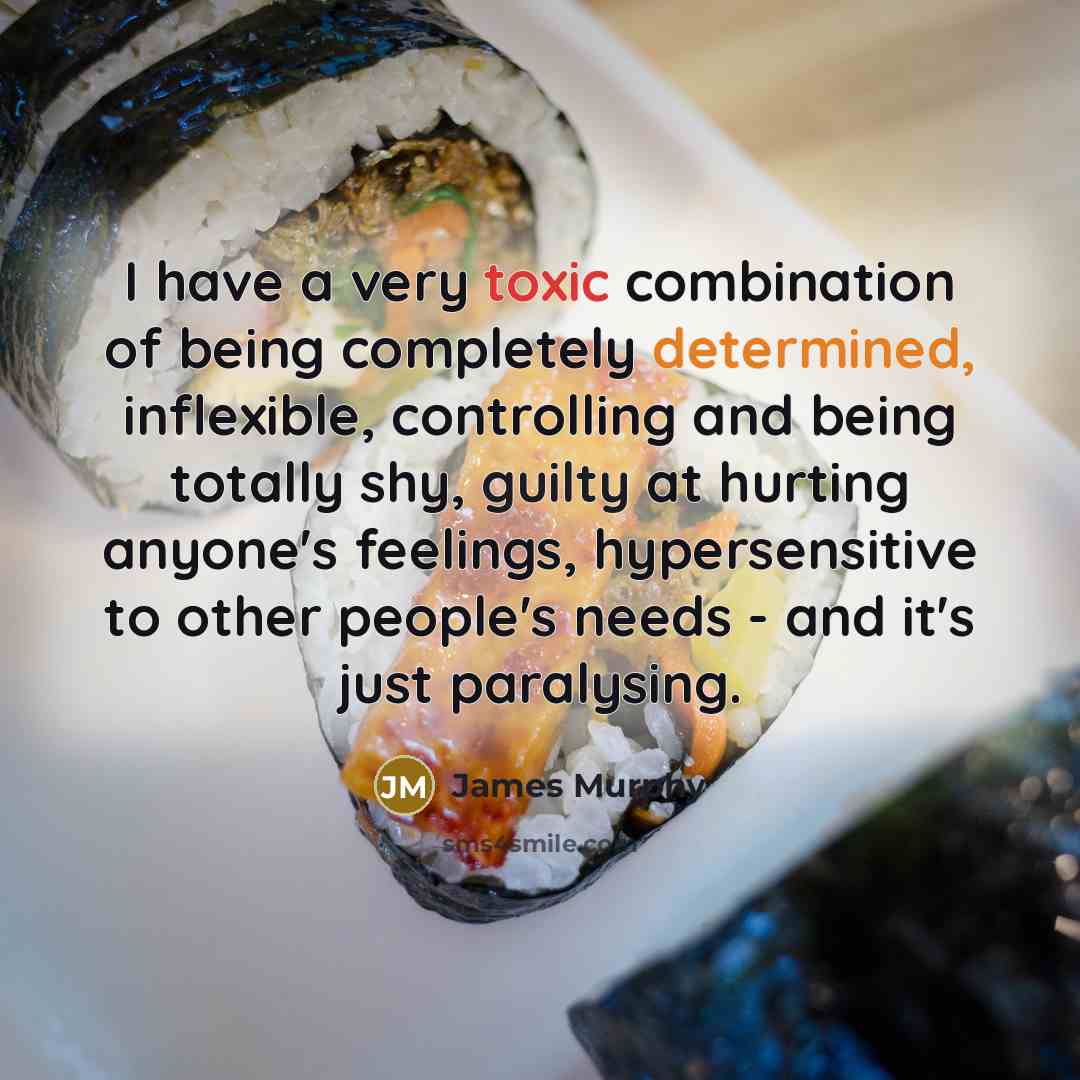 “I have a very toxic combination of being completely determined, inflexible, controlling and being totally shy, guilty at hurting anyone's feelings, hypersensitive to other people's needs - and it's just paralysing.” quote by James Murphy