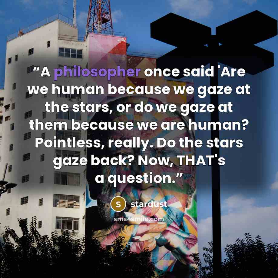 “A philosopher once said 'Are we human because we gaze at the stars, or do we gaze at them because we are human? Pointless, really. Do the stars gaze back? Now, THAT's a question.” quote by Stardust