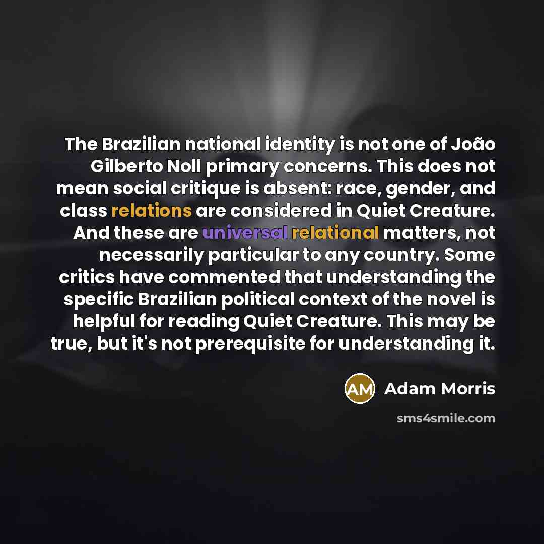 “The Brazilian national identity is not one of João Gilberto Noll primary concerns. This does not mean social critique is absent: race, gender, and class relations are considered in Quiet Creature. And these are universal relational matters, not necessarily particular to any country. Some critics…” quote by Adam Morris