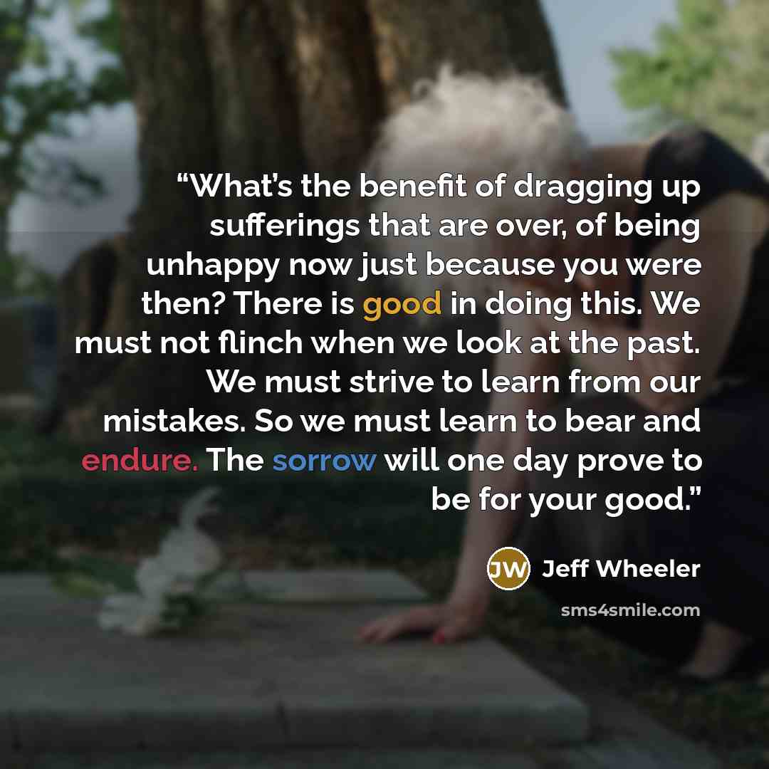 “What’s the benefit of dragging up sufferings that are over, of being unhappy now just because you were then? There is good in doing this. We must not flinch when we look at the past. We must strive to learn from our mistakes. So we must learn to bear and endure. The sorrow will one day prove to be…” quote by Jeff Wheeler