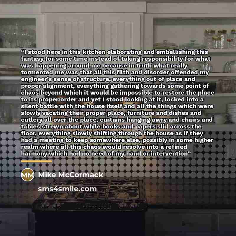 “I stood here in this kitchen elaborating and embellishing this fantasy for some time instead of taking responsibility for what was happening around me because in truth what really tormented me was that all this filth and disorder offended my engineer’s sense of structure, everything out of place…” quote by Mike McCormack