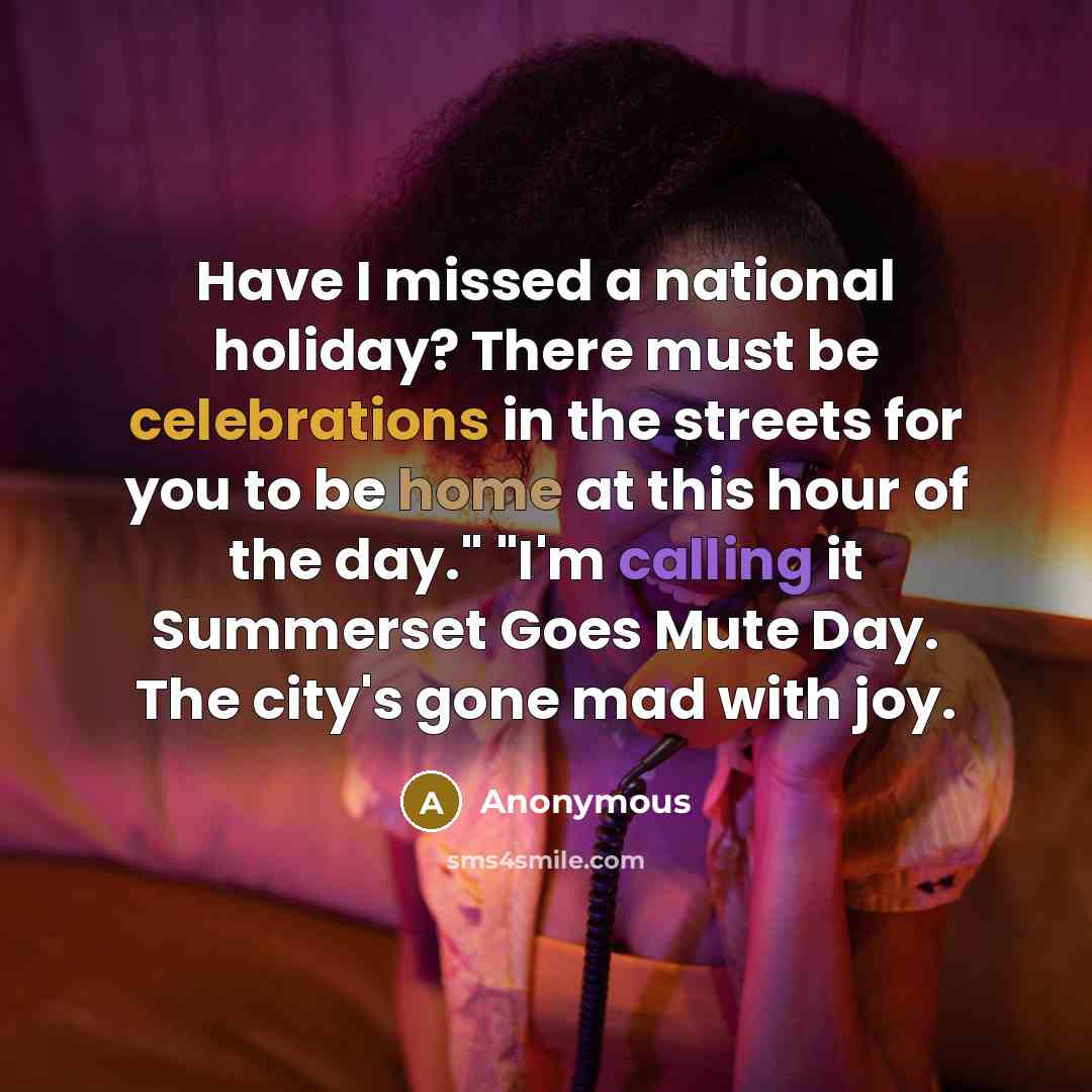 “Have I missed a national holiday? There must be celebrations in the streets for you to be home at this hour of the day." "I'm calling it Summerset Goes Mute Day. The city's gone mad with joy.” quote by Anonymous
