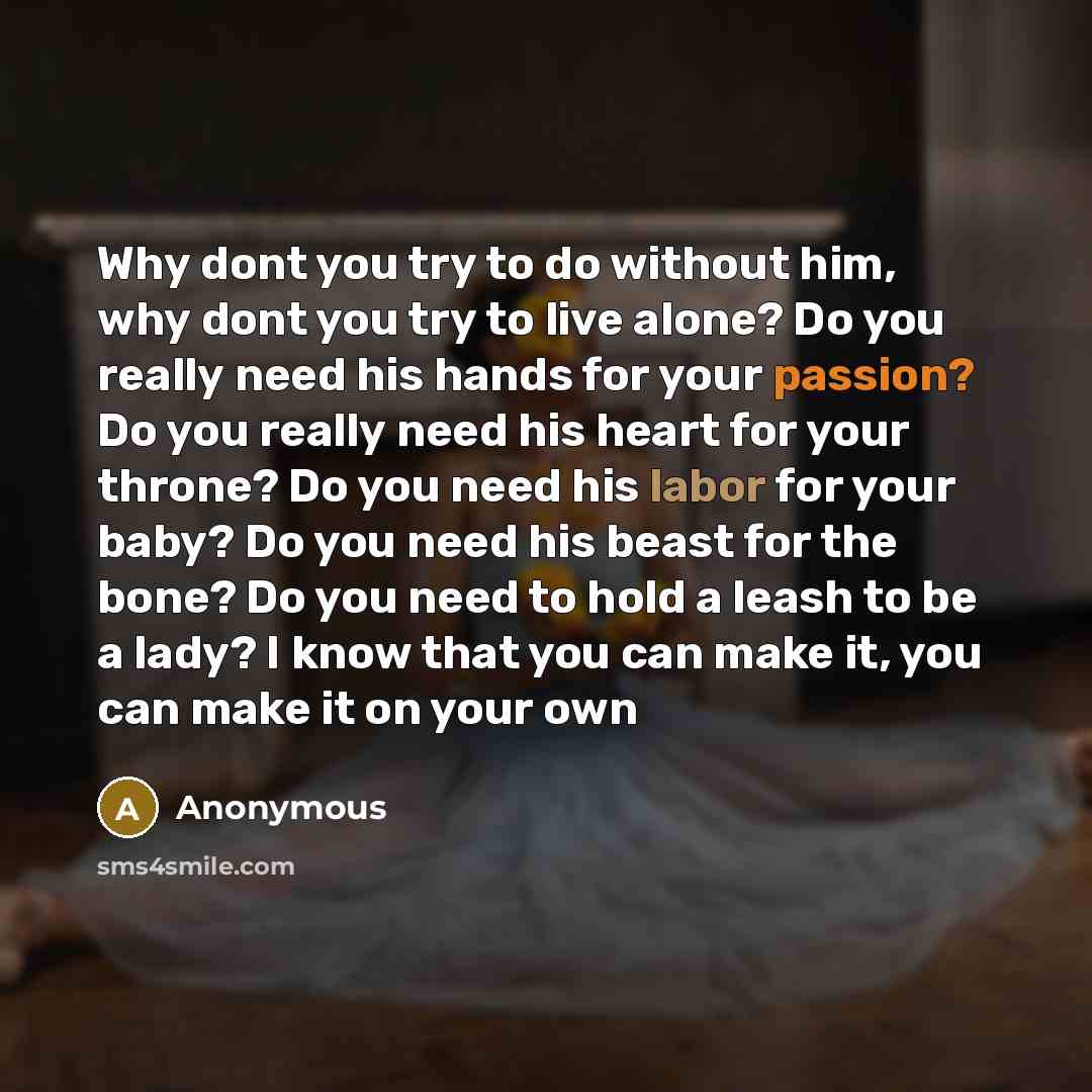 “Why dont you try to do without him, why dont you try to live alone? Do you really need his hands for your passion? Do you really need his heart for your throne? Do you need his labor for your baby? Do you need his beast for the bone? Do you need to hold a leash to be a lady? I know that you can…” quote by Anonymous