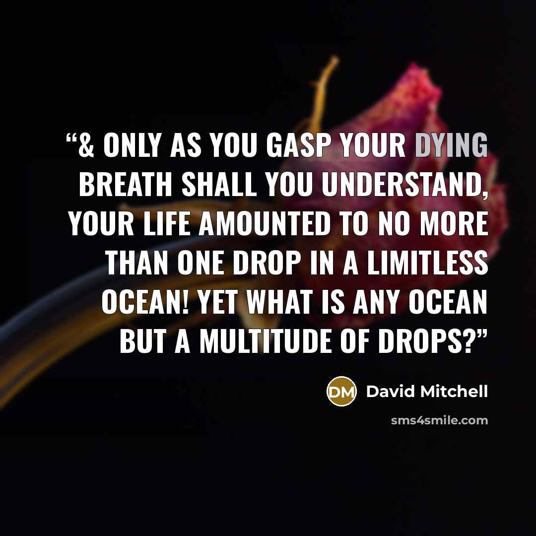 “& only as you gasp your dying breath shall you understand, your life amounted to no more than one drop in a limitless ocean! Yet what is any ocean but a multitude of drops?” quote by David Mitchell