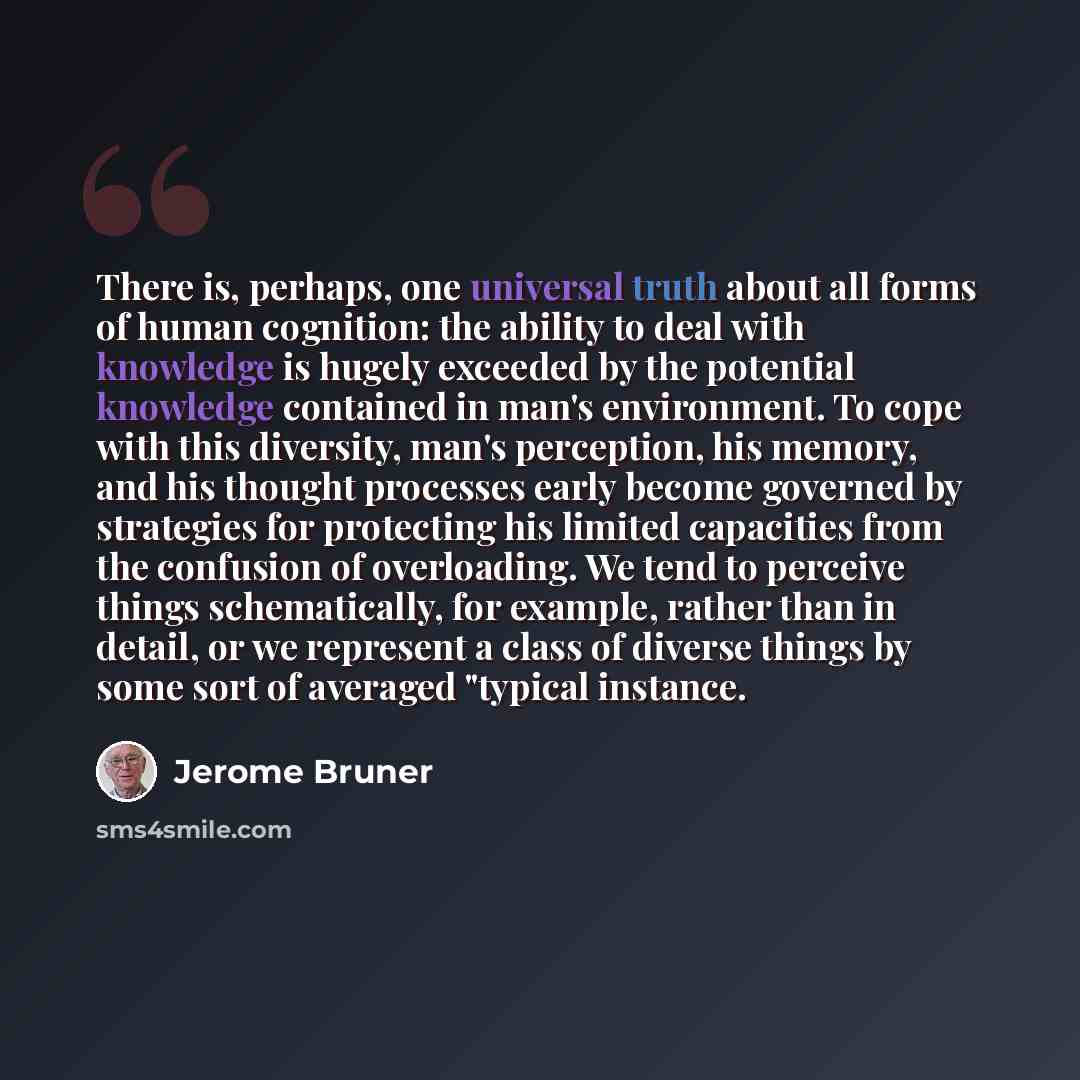 “There is, perhaps, one universal truth about all forms of human cognition: the ability to deal with knowledge is hugely exceeded by the potential knowledge contained in man's environment. To cope with this diversity, man's perception, his memory, and his thought processes early become governed by…” quote by Jerome Bruner