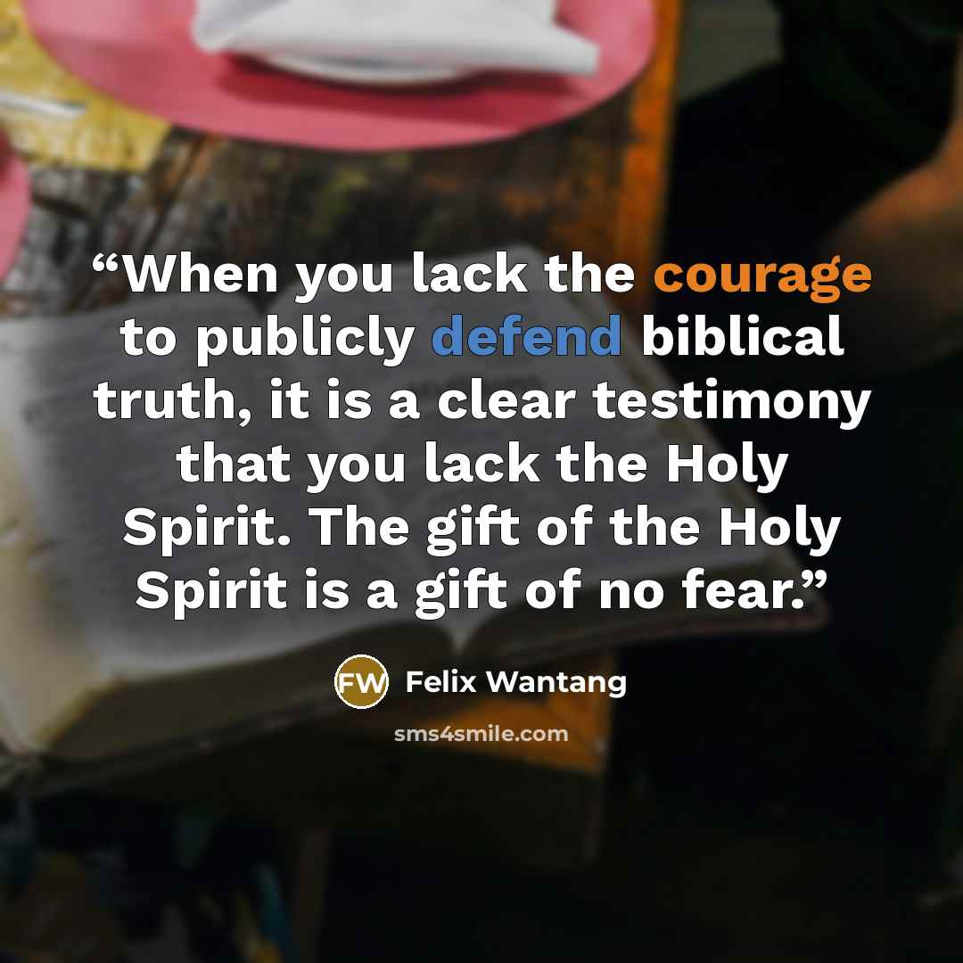 “When you lack the courage to publicly defend biblical truth, it is a clear testimony that you lack the Holy Spirit. The gift of the Holy Spirit is a gift of no fear.” quote by Felix Wantang