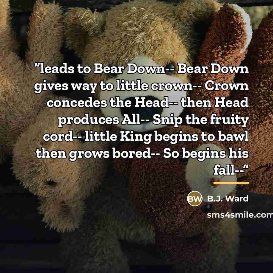 “leads to Bear Down-- Bear Down gives way to little crown-- Crown concedes the Head-- then Head produces All-- Snip the fruity cord-- little King begins to bawl then grows bored-- So begins his fall--” quote by B.J. Ward