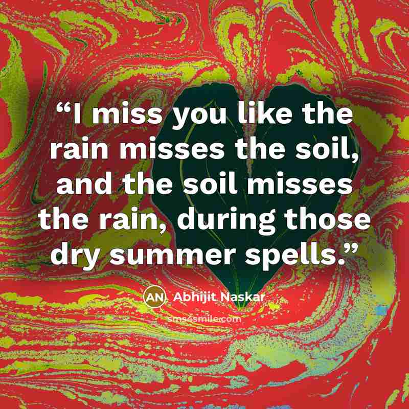 “I miss you like the rain misses the soil, and the soil misses the rain, during those dry summer spells.” quote by Abhijit Naskar