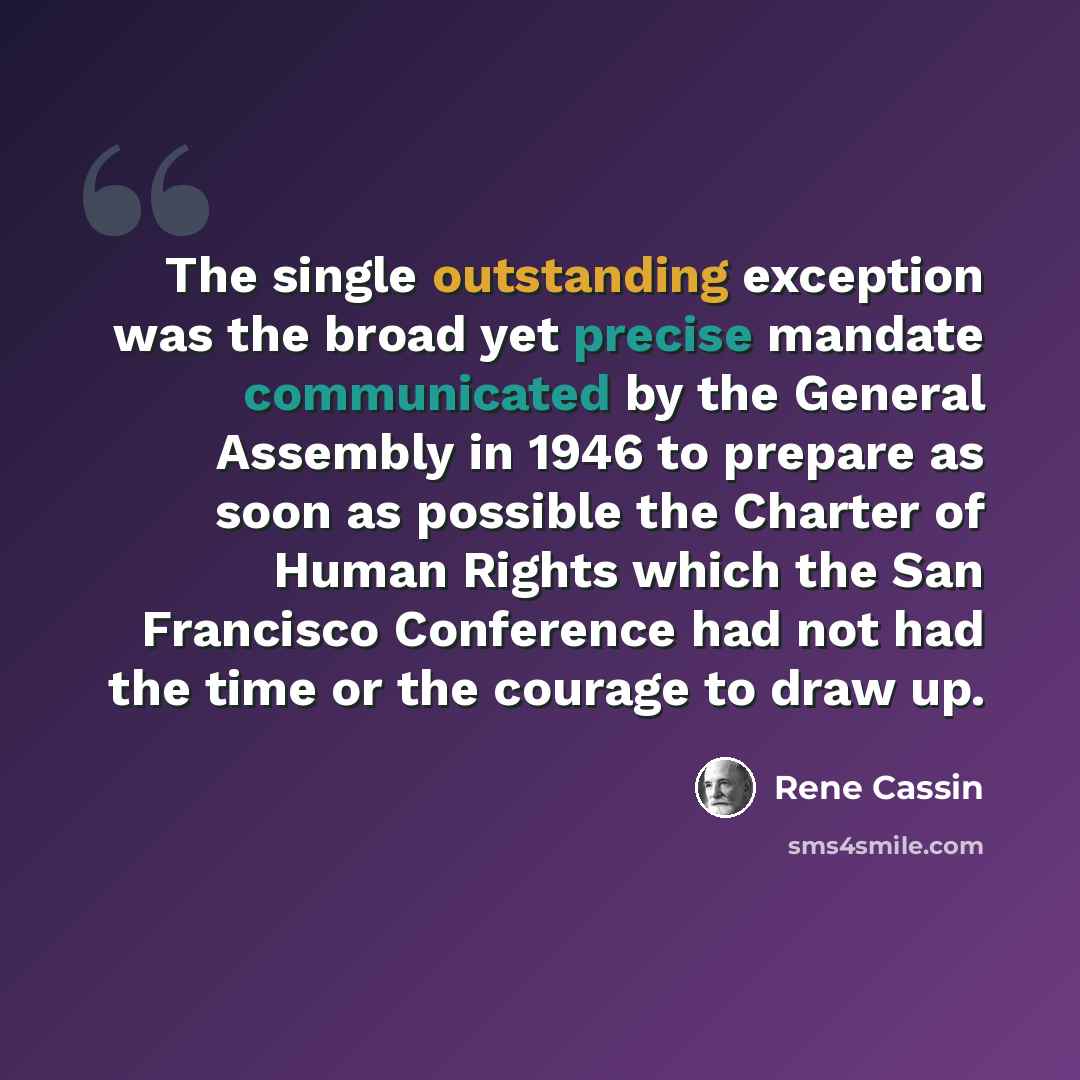 “The single outstanding exception was the broad yet precise mandate communicated by the General Assembly in 1946 to prepare as soon as possible the Charter of Human Rights which the San Francisco Conference had not had the time or the courage to draw up.” quote by Rene Cassin