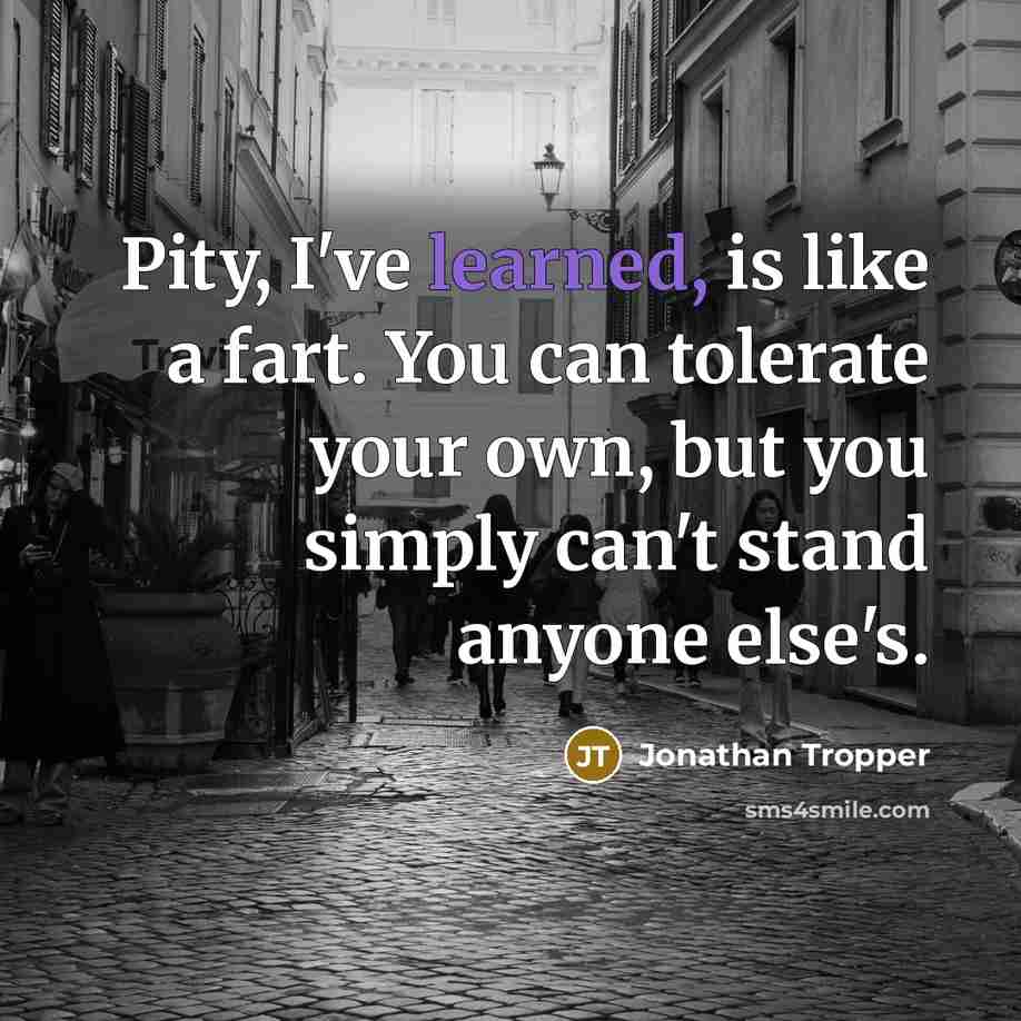 “Pity, I've learned, is like a fart. You can tolerate your own, but you simply can't stand anyone else's.” quote by Jonathan Tropper
