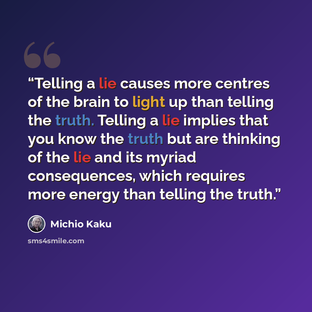 “Telling a lie causes more centres of the brain to light up than telling the truth. Telling a lie implies that you know the truth but are thinking of the lie and its myriad consequences, which requires more energy than telling the truth.” quote by Michio Kaku
