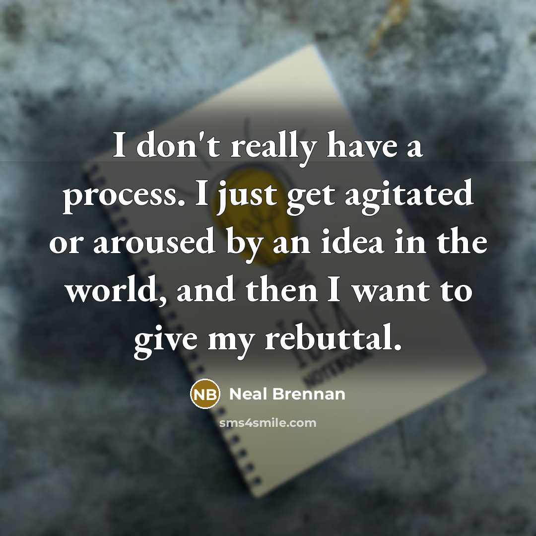 “I don't really have a process. I just get agitated or aroused by an idea in the world, and then I want to give my rebuttal.” quote by Neal Brennan