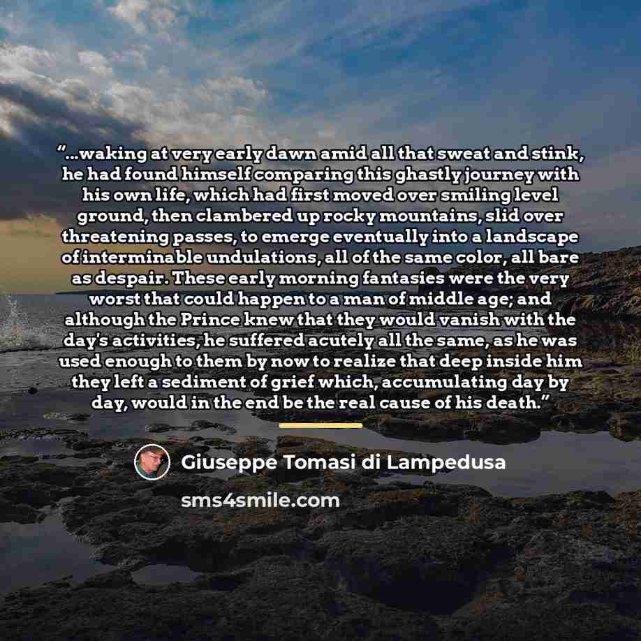 “...waking at very early dawn amid all that sweat and stink, he had found himself comparing this ghastly journey with his own life, which had first moved over smiling level ground, then clambered up rocky mountains, slid over threatening passes, to emerge eventually into a landscape of interminable…” quote by Giuseppe Tomasi di Lampedusa