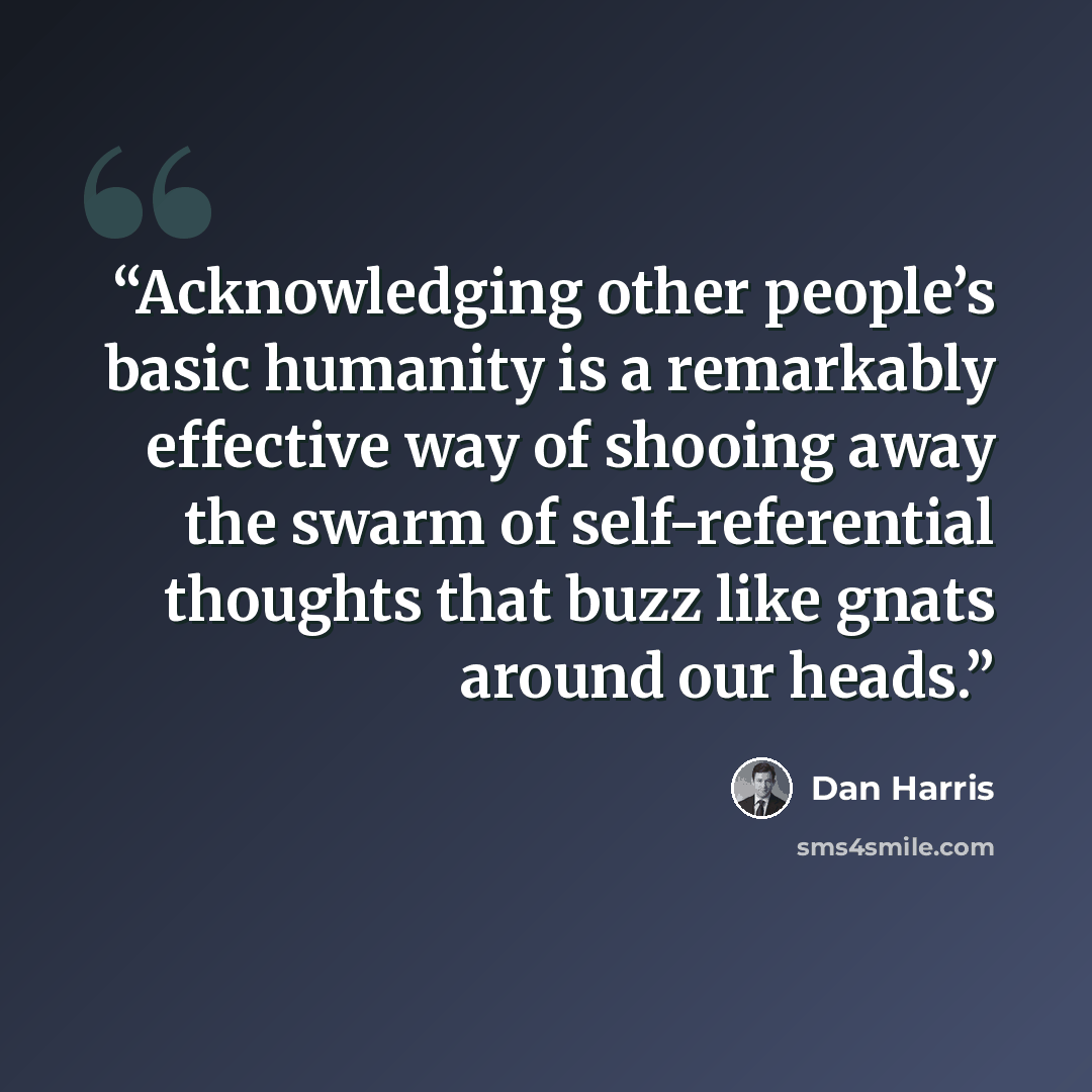 “Acknowledging other people’s basic humanity is a remarkably effective way of shooing away the swarm of self-referential thoughts that buzz like gnats around our heads.” quote by Dan Harris
